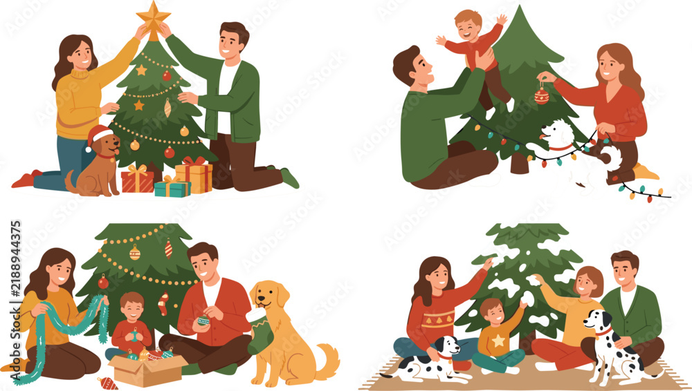 Fototapeta premium Happy Families Decorating Christmas Tree Vector Illustration Set with Parents Children and Cute Dogs Celebrating Winter Holiday Traditions at Home