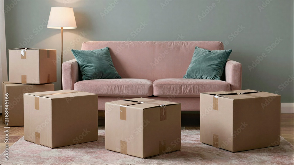 Fototapeta premium Pink sofa with teal pillows, surrounded by moving boxes in a cozy living room.