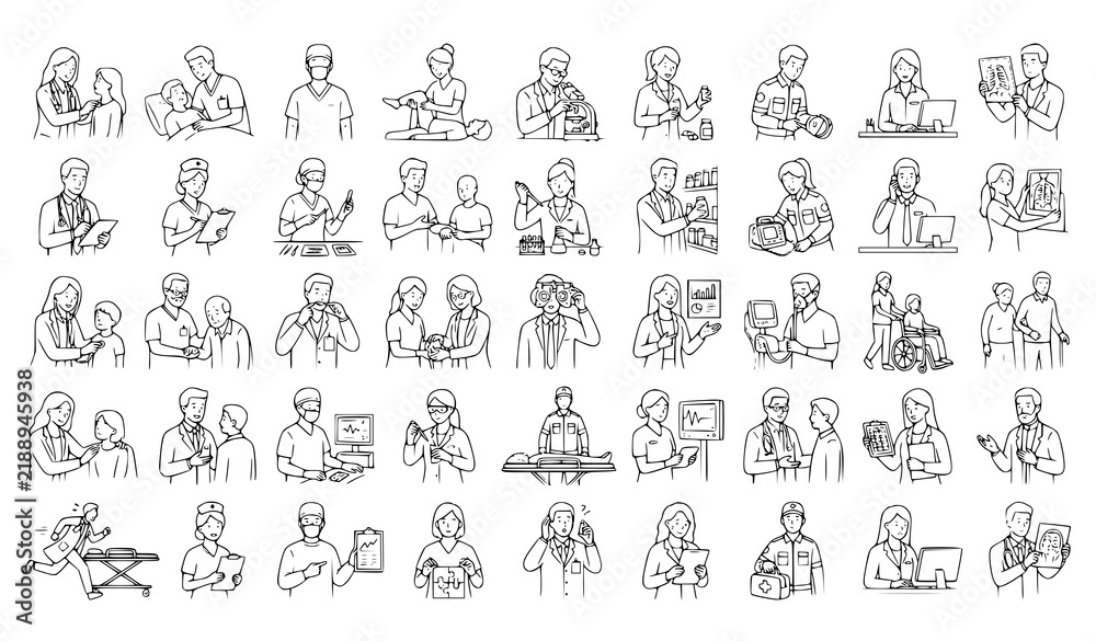 Obraz premium Business People Line Icon Set with Professionals Working Meeting and Holding Objects Outline Character Vector Illustration Collection