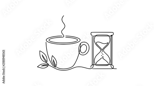 Continuous line art drawing of coffee cup with steam and hourglass, representing time for break