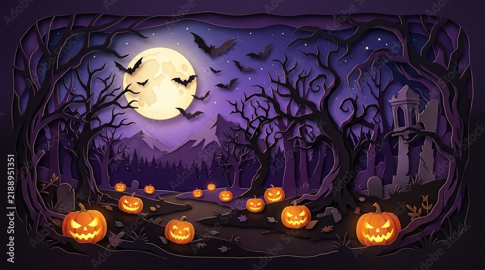 Fototapeta premium Halloween background with spooky pumpkin lantern and bat flying under full moon