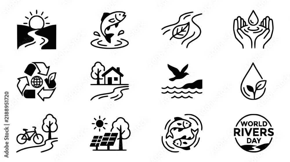 Fototapeta premium Ecology Icons Set: Nature, River, Water, Recycle, Solar Power, Wildlife