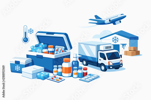 Cold chain logistics with medicine and airplane delivery concept