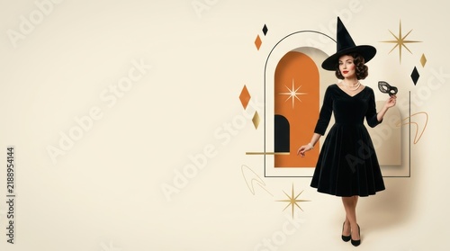Vintage Midcentury Halloween Banner with Elegant Woman in Witch Costume, Retro Atomic Age Abstract Background and Copy Space for Advertising