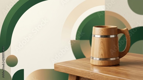 Sustainable Oktoberfest Banner with Wooden Beer Stein on Timber Table, 1990s Eco-Minimalist Graphic Background with Large Copy Space
