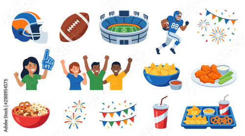 American football tailgate party elements set with fans, snacks and stadium