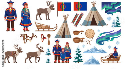 Sami culture and Lapland traditional elements set with reindeer and northern lights
