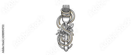 Bild auf Leinwand Fork entwined with spaghetti and basil leaves illustration