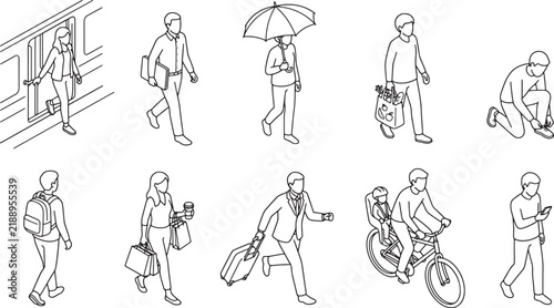 Isometric line art set of diverse people performing daily urban activities and commuting in city life