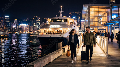 Stylish couple boarding a night ferry in harbor