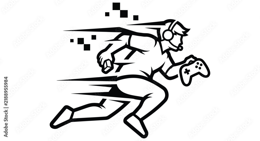Fototapeta premium Silhouette of a running gamer with controller and pixelated trail on white background