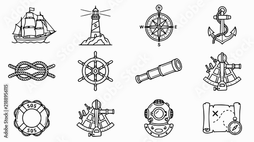 Bild auf Leinwand Nautical Icons Set: Ship, Lighthouse, Compass, Anchor, Rope, Wheel, Spyglass