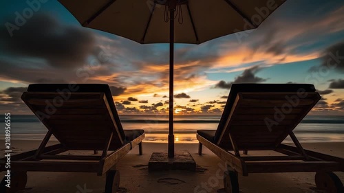 Empty Beach Loungers Symmetrical Sunset Time Lapse, Retirement Concept