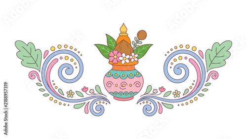 Decorative Indian Mangal Kalash ornament vector with pastel floral swirls and coconut for Hindu festival celebrations and invitation card design.