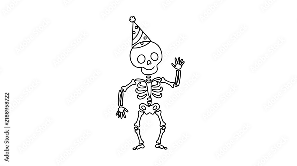 Obraz premium Happy Skeleton Wearing Party Hat Waving Isolated Transparent Background