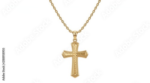 Gold christian cross pendant on a thin chain isolated with gold jewelry metal chain yellow gold jewelry design necklace religious symbol religion christianity accessory spiritual devotion