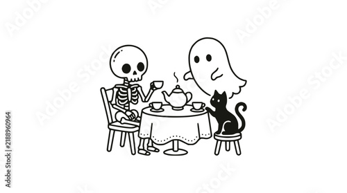 Quadro su tela Cute Skeleton Ghost Black Cat Tea Party Halloween Illustration