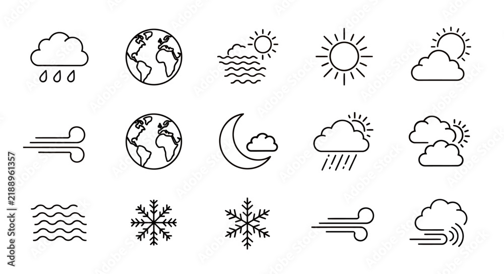 Obraz premium Set of Weather Icons including Sun Rain Cloud Snow Wind and Waves for Graphic Design.