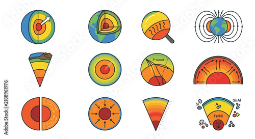Earth layers diagram showing geological structure of planet core mantle and crust in vector graphics.