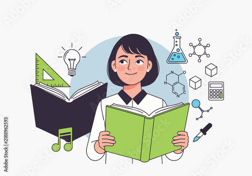 Young woman with open books and various scientific and artistic symbols, concept for education, knowledge acquisition and learning promotion.