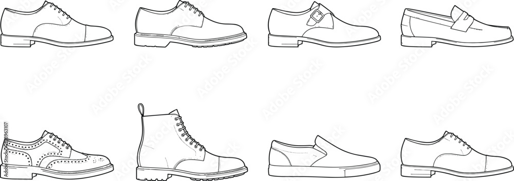 Fototapeta premium Men’s Footwear Styles Line Art Vector Illustration of Classic and Modern Shoe Designs