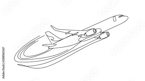 Airplane taking off, black and white line art, isolated on white background