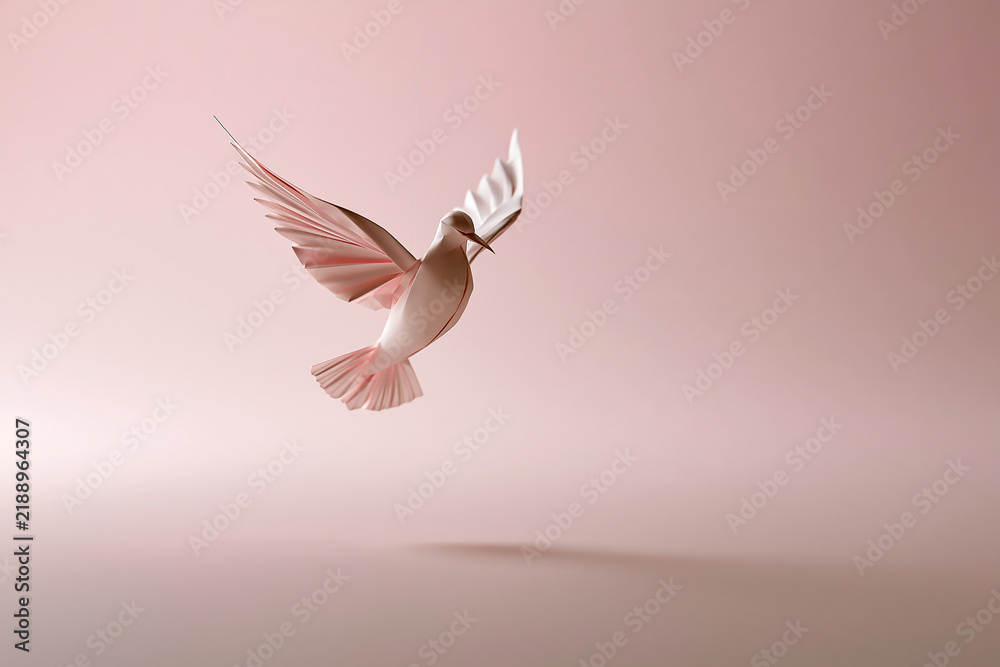 Obraz premium Delicate Pink Origami Hummingbird Flying in Mid Air Studio