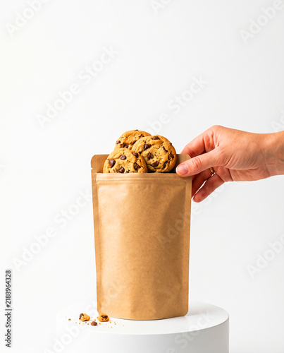 Hand Holding Kraft Paper Stand-Up Pouch with Chocolate Chip Cookies

