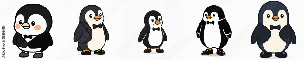 Fototapeta premium Set of vector illustrations of a cute penguin standing and wearing a tuxedo.