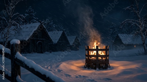 Glowing bonfire at night in a snowy village clearing with traditional wooden huts and cold winter atmosphere