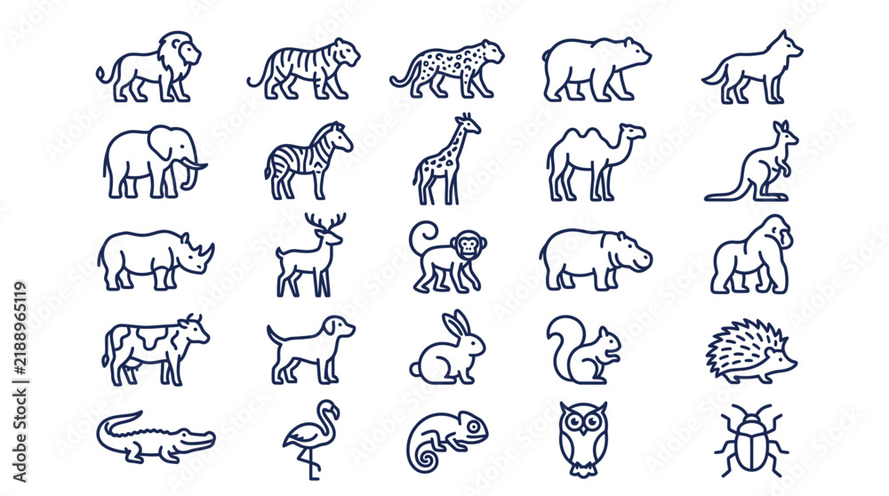 Obraz premium Diverse collection of blue outline animal vector icons arranged in a grid pattern on white background