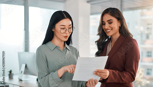 Asian and Middle Eastern Businesswomen Reviewing Document in Office
