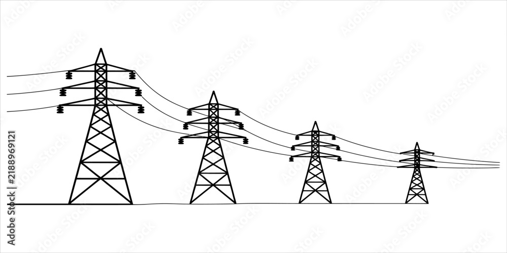 Obraz premium Black and white line drawing of four electric power transmission towers of different sizes connected by wires on a simple minimal design style