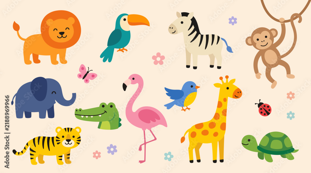 Fototapeta premium Cute colorful cartoon wild animals collection with lion zebra giraffe monkey elephant flamingo toucan turtle and more on beige background