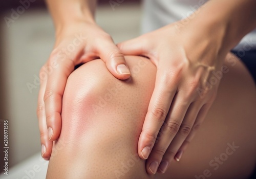 膝の痛み、女性、手で触れる、健康問題、治療、関節