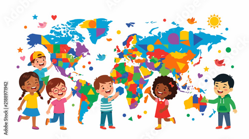 Diverse children interact with a colorful world map puzzle featuring geometric shapes and continents