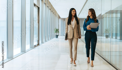 Asian and Middle Eastern Businesswomen Walking in Office Corridor