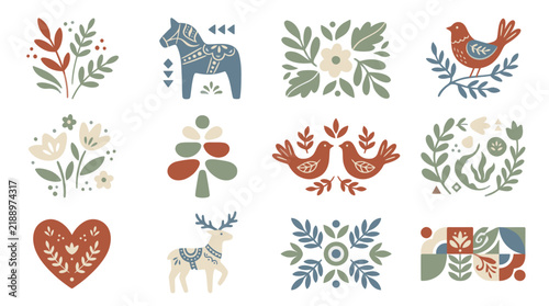 Collection of Scandinavian Folk Art Illustrations.