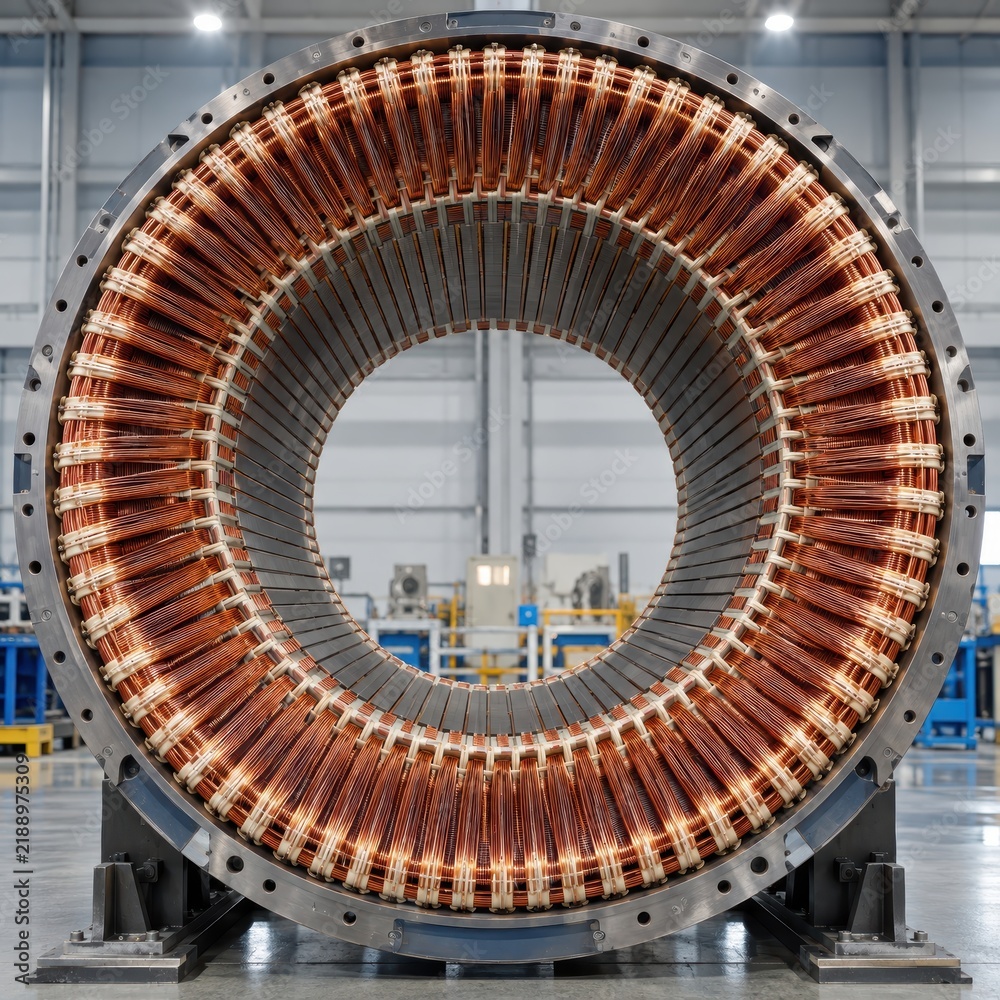 Obraz premium Stator coil winding and copper wire inside a heavy industrial generator