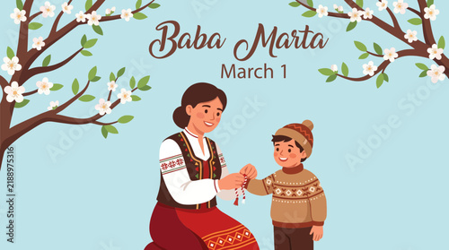 Baba Marta spring celebration with mother tying martenitsa on child