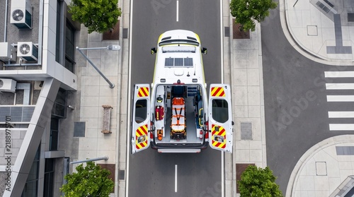 Aerial View Of Emergency Ambulance And Medical Equipment