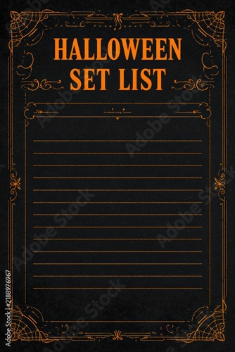 Vintage style halloween set list template with elegant frame design halloween theme blank menu party invitation black paper decorative border event planning ornamental design graphic resource