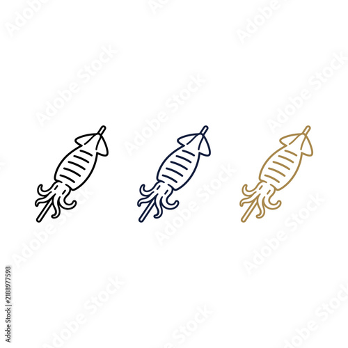 Grilled squid skewer icon set in line art style for seafood menu design.