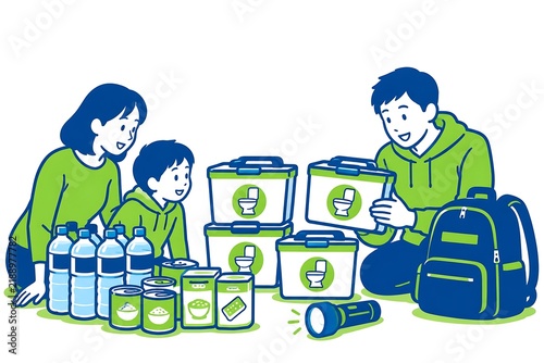 災害に備えて非常用トイレなどの防災用品を備蓄する家族｜非常用トイレ、飲料水、保存食、懐中電灯、リュックなどを準備する家庭の防災イメージ
