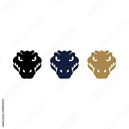 Set of three stylized crocodile head logos in black blue and gold colors.