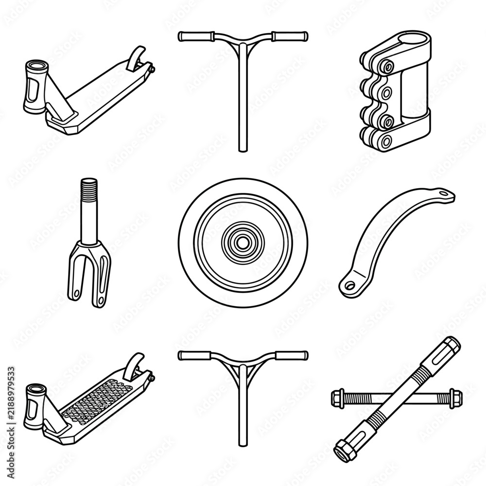 Obraz premium Scooter Parts Vector Icons Set - Freestyle, BMX, Skateboard Elements