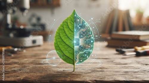 A leaf on a wooden surface is divided into a natural green side and a digital circuit board side.
