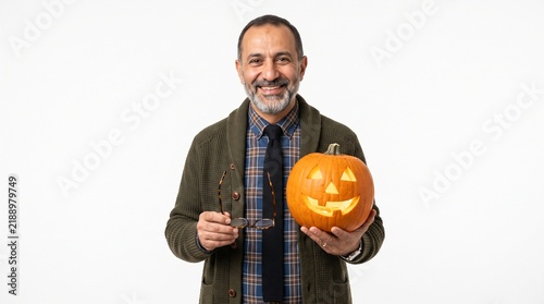 Smiling Middle Aged Man Holding a Carved Halloween Pumpkin and Glasses on White Background