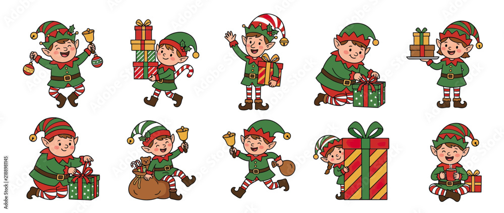 Fototapeta premium Cute Christmas Elves Holding Gifts and Bells, Isolated