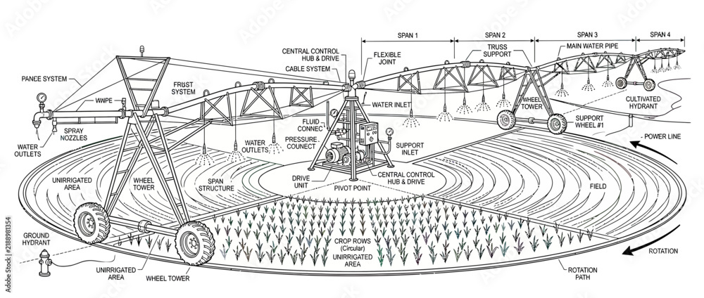Obraz premium Irrigation System Diagram on Agricultural Field